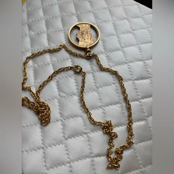 1974 John F Kennedy JFK Gold Plated Half Dollar Pendant Necklace, 24” - Picture 5 of 7